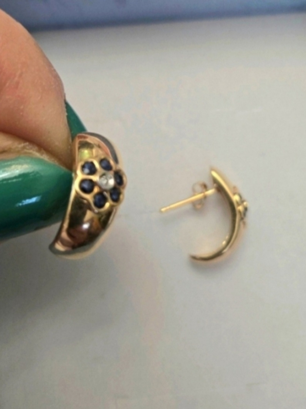 10kt Solid Yellow Gold Genuine Sapphire Open Ended Huggie Earrings - Picture 8 of 14